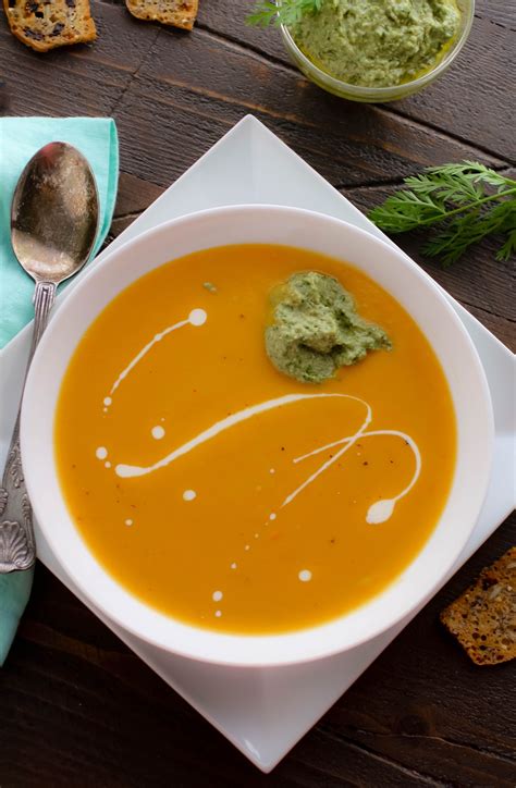 Roasted Carrot And Parsnip Soup With Carrot Greens Pesto