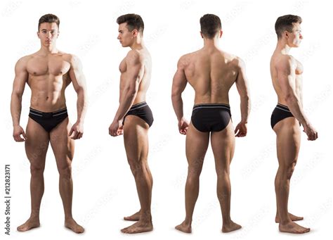 Four Views Of Muscular Shirtless Male Bodybuilder Back Front And