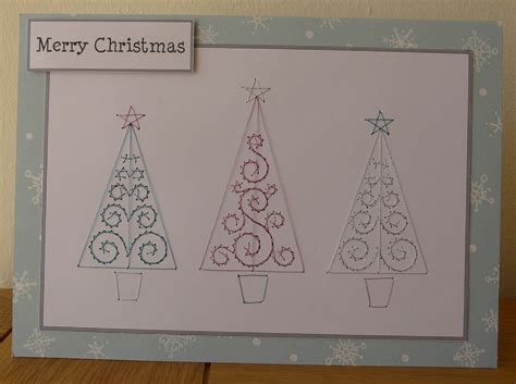 Three Swirly Christmas Trees Stitched Card Christmas Trees Merry