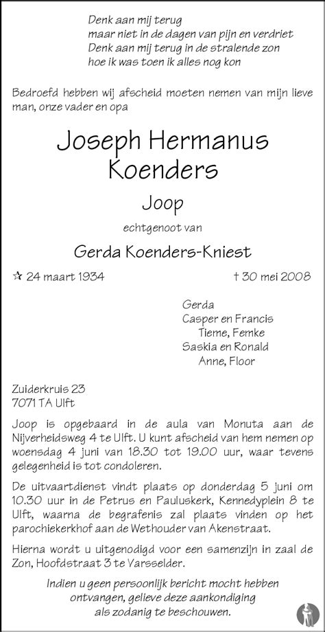 Joseph Hermanus Joop Koenders Overlijdensbericht En Condoleances Mensenlinq Nl