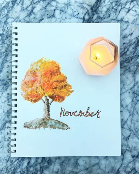November Watercolor Tree With Yellow And Orange Changing Leaves