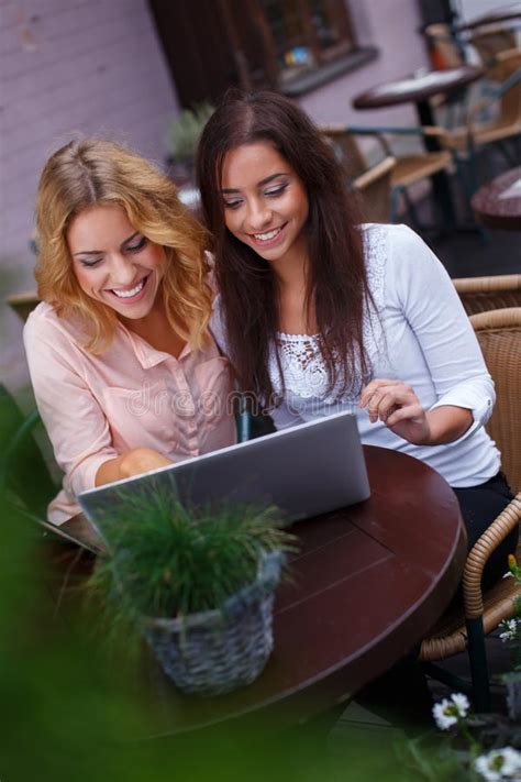 Two Beautiful Girls With Laptop Stock Image Image Of Chatting Laptop