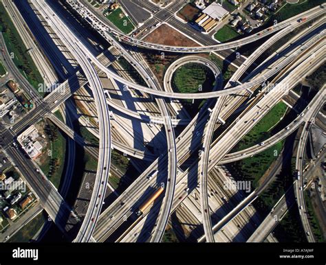 Aerial View Of Freeway Interchange In Los Angeles Looking Like Stock
