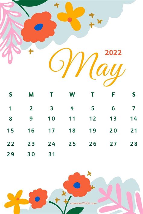 Floral 2022 Monthly Calendar Printable Calendar 2022 May Calendar