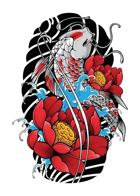 Koi Fish With Japanese Wave And Flowers Tattoo Japanese Illustration Style Isolated Vector