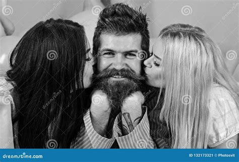 Threesome Lay Near Balloons Happy Guy On Smiling Face Man With Beard And Mustache Attracts