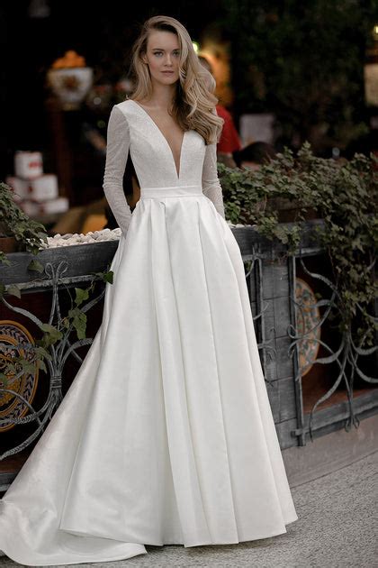 Long Sleeve Mikado Ball Gown Wedding Dress With Dropped Waist And Deep