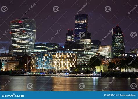 London Skyscrapers Skyline View Illuminated At Night Stock Image