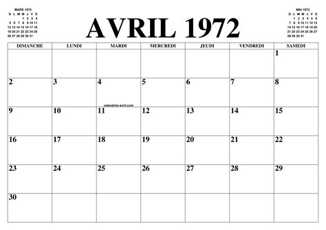 Calendrier Avril 1972 Le Calendrier Du Mois De Avril Gratuit A