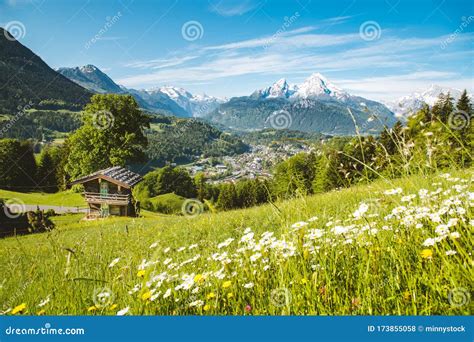 Idyllic Alpine Scenery With Mountain Chalet And Green Meadows In