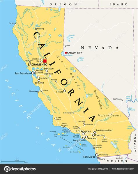 mapa político califórnia com capital sacramento cidades importantes rios lagos stock vector by