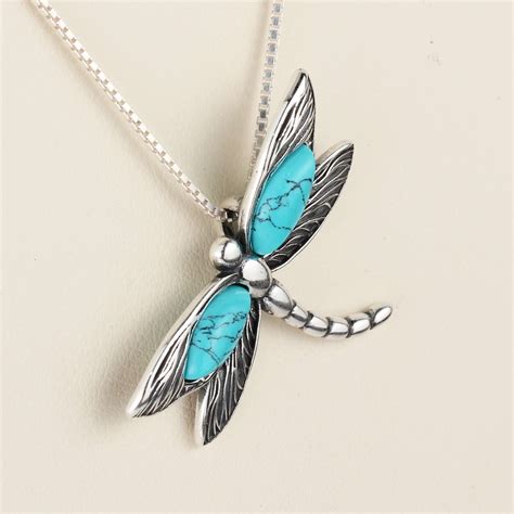 Turquoise Dragonfly Pendant 925 Sterling Silver Genuine Blue Etsy