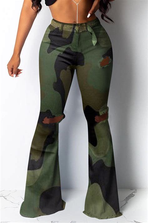 Camouflage Print Hole Flared Pants Fashion Camouflage Pants Women
