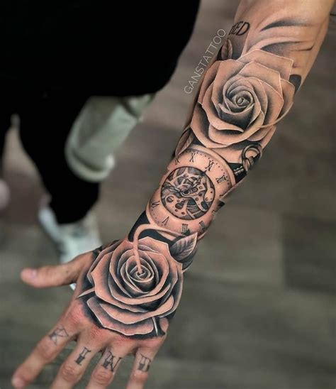 A Man With A Rose Tattoo On His Arm And Hand Is Holding An Open Pocket