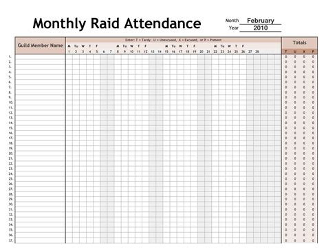 Monthly Calendar Attendance Sheet Can Create A Template To Integrate