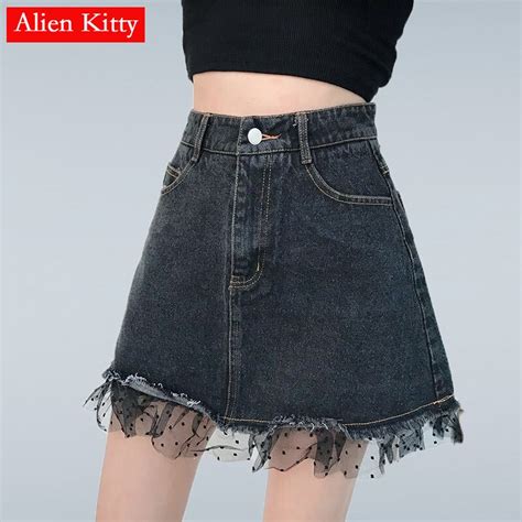 Alien Kitty 2019 Summer High Waist Skirts Womens Pockets Button Mesh