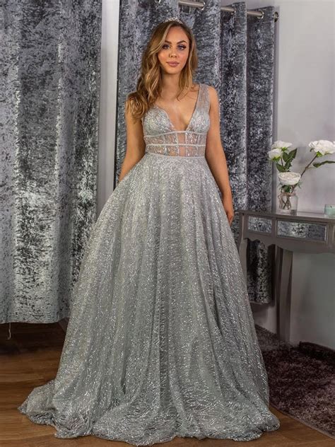 Stunning A Line V Neck Sparkly Tulle Evening Dress Silver Prom Dress J