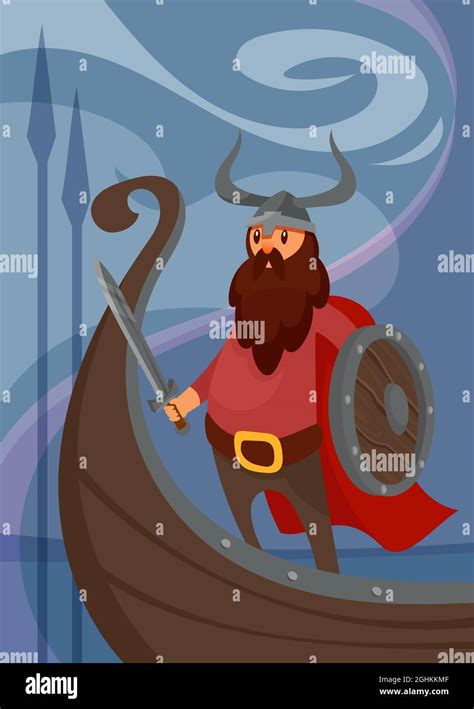 Viking Poster With Warrior On Ship Scandinavian Placard Design In