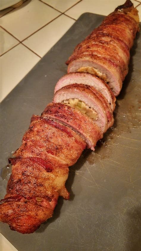 Smoked Bacon Wrapped Pork Tenderloin With Apple Bread Stuffing Food