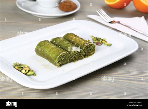 Pistachio Rolls Baklava Fistik Sarma Turkish Traditional Dessert Stock