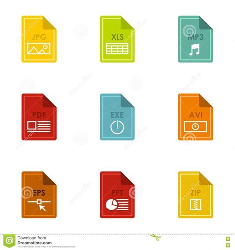 Types Of Files Icons Set Flat Style Stock Vector Illustration Of