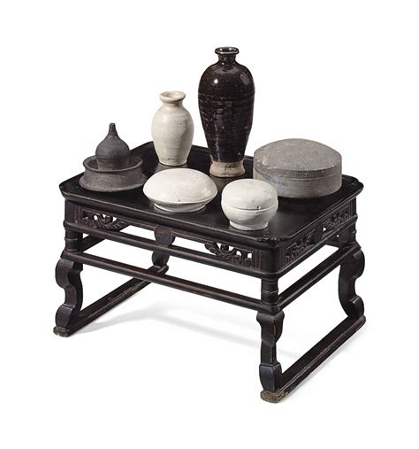 A Small Korean Carved Wood Table Soban And A Group Of Asian Pottery