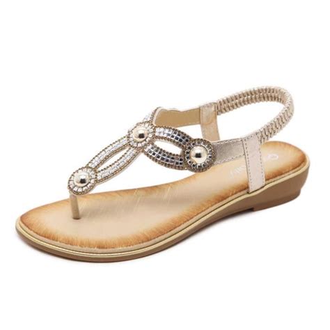 Sandales Femmes Plates Chaussures De Plage Bohême Or Sandales à Chevrons Avec Perle Strass