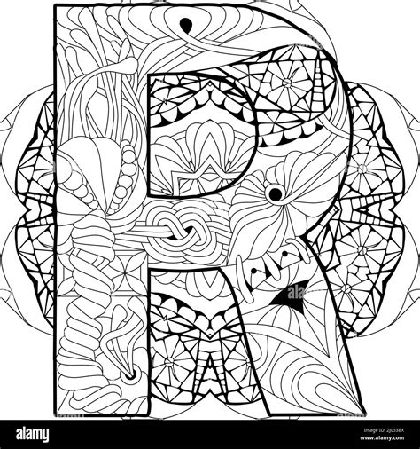 Zentangle Stylized Alphabet Letter R On Mandala For Coloring Vector Illustration Ethnic