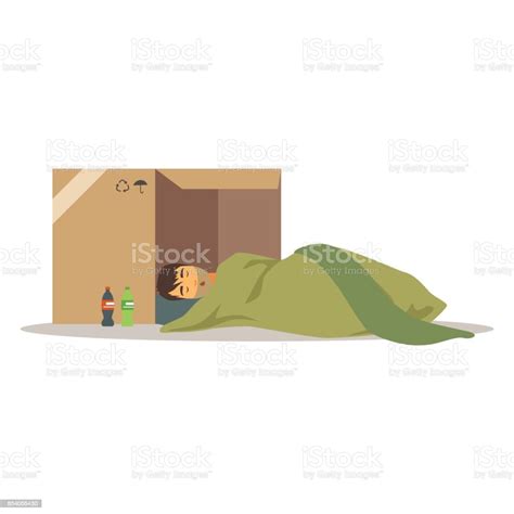 Homeless Man Character Sleeping On The Street In Cardboard Box