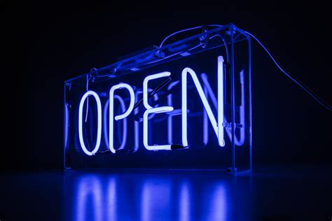 Neon Blue Open Kemp London Bespoke Neon Signs And Prop Hire