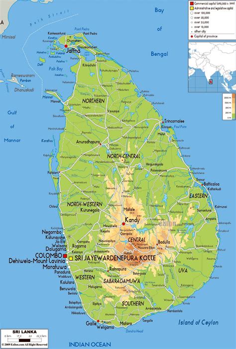 Grande mapa físico de Sri Lanka con carreteras ciudades y aeropuertos