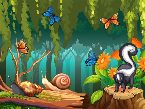 Nature Scene With Skunk And Butterflies In Forest Stock Vector