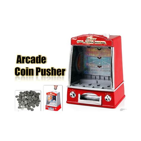 An Arcade Coin Pusher With Lots Of Coins In Front Of It And The Words