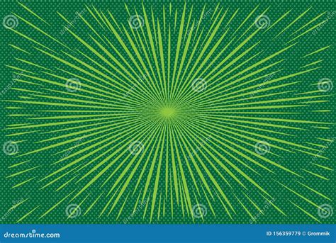 Pop Art Green Background With Radial Rays Background With Halftones