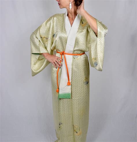 Japanese Vintage Kimono Robe Silk In Green With Free Obijime Belt Silk