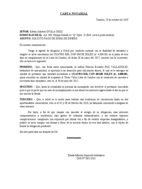 Carta Notarial Pago De Suma De Dinero Pdf