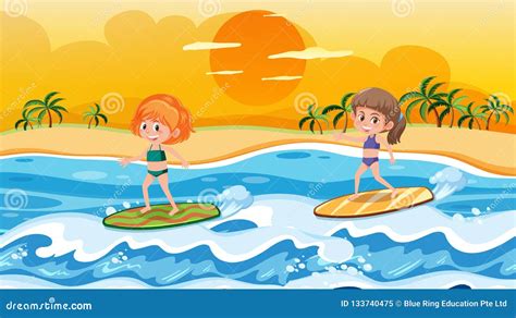 Children Surfing On A Wave In The Sea Vector Black And White Coloring