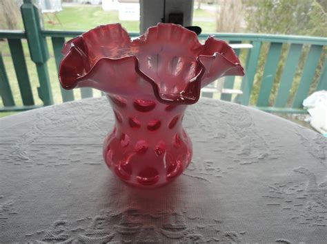 Fenton Cranberry Glass Vase Opalescent Coin Dot Ruffled Bowl Etsy