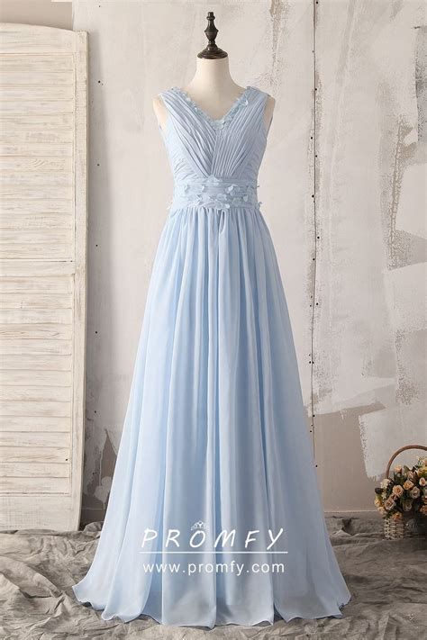 Pleated Light Blue Chiffon Petals Bridesmaid Dress Promfy