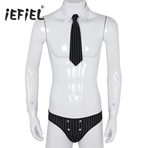 gay mens male police detective cosplay lingerie suit stripe bikini briefs underwear with necktie
