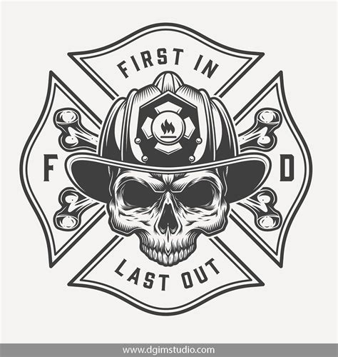Skull Without Jaw In Fireman Helmet And Crossbones Vintage Monochrome