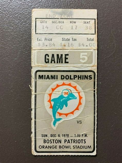 Miami Dolphins Vs Boston Patriots Nfl Ticket Stub Orange Bowl Miami