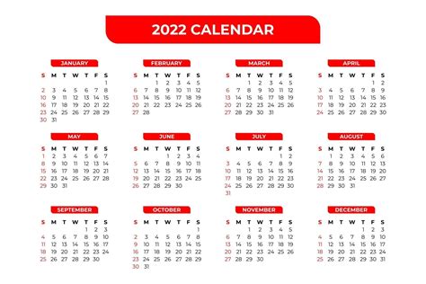 Calendário 2022 Modelo Vermelho 2585929 Vetor No Vecteezy