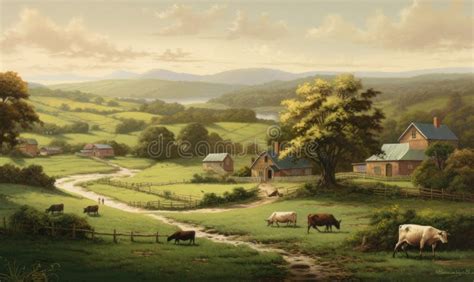 Farm Landscape Painting Stock Illustration Illustration Of Gate