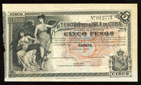 Cuban Banknotes 5 Pesos Treasury Note Of 1891 El Tesoro De La Isla De