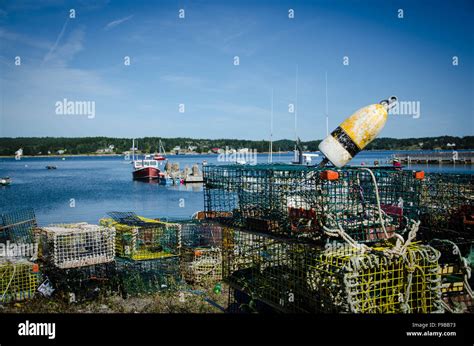 Lobster Crates In A Quaint Maine Fishing Village On Swans Island Stock