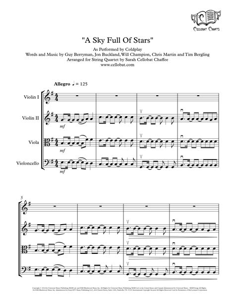 A Sky Full Of Stars Sheet Music Coldplay String Quartet