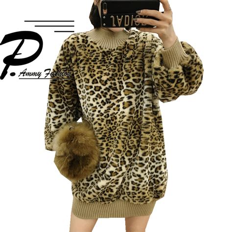 Plus Size Leopard Fur Sweatshirt Dress Ladies Long Sleeves Turtleneck