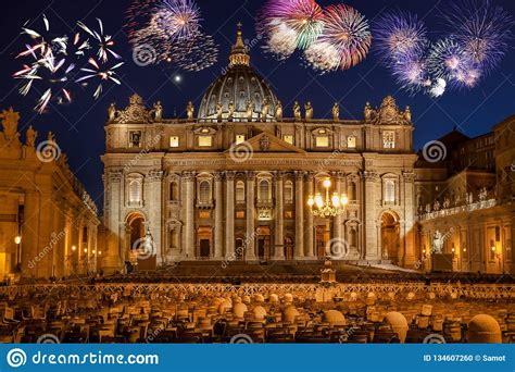 Basilica Di San Pietro With Firework Rome Vatican Italy Editorial