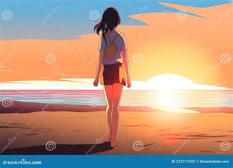 Solitary Stroll Beautiful Anime Girl Walking Towards The Setting Sun